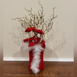 HAND CRAFTED- Upcycled Vase-  Santa Suit - poinsettia Holiday Centerpiece